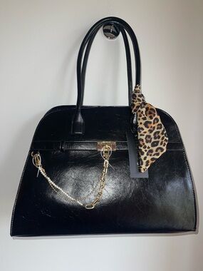 Madden Girl Black Satchel with Leopard Scarf and Gold and Pearl  Chain